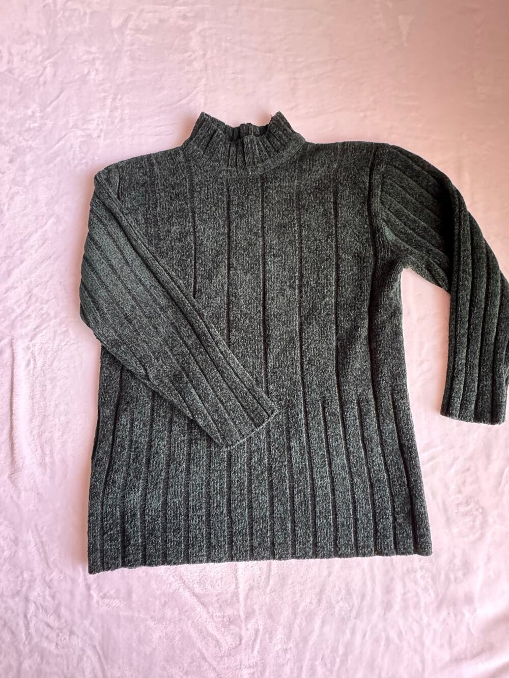 Vintage Classic Elements Chenille Sweater Large Green Mock Neck Ribbed Knit 90s